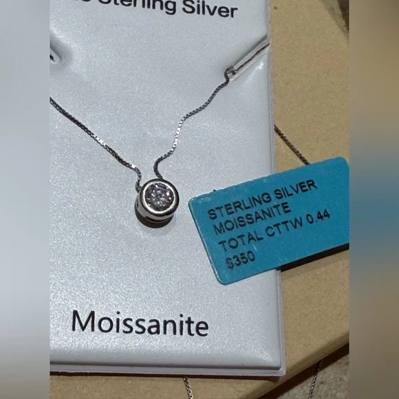 Sterling Silver Moissanite Bezel Pendant Necklace - Silver - Picture 2 of 4